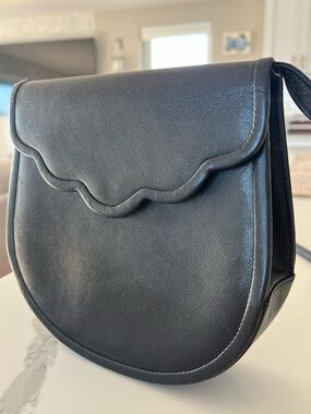 Vintage YSL Yves Saint Laurent Black Saffiano Leather Scalloped Shoulder Bag